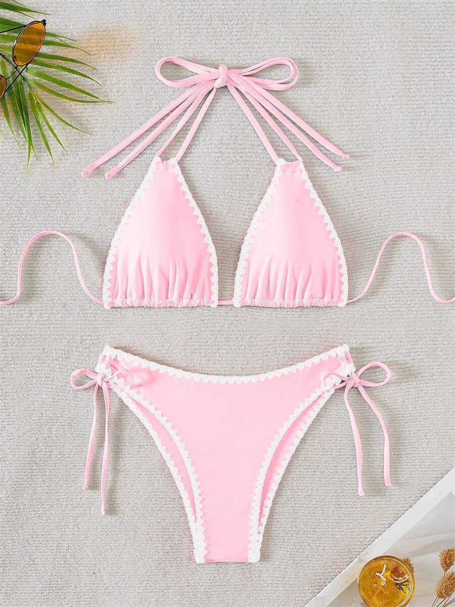 Dongdumaoyi Sexy Black White Contarst Bikini Set Women Push Up Bra Drawstring Side High Waist Swimsuit Beach Bathing Suit Mini Swimwear