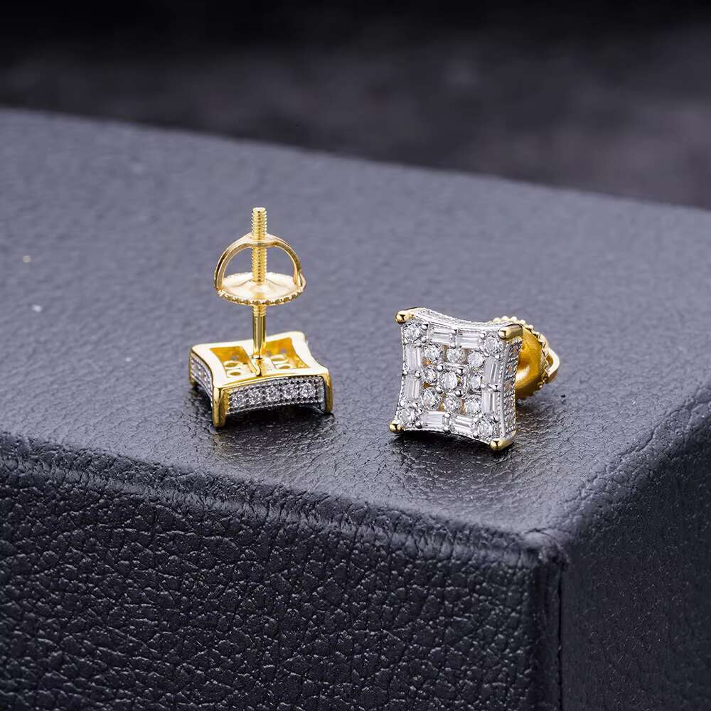 Hip Hop VVS Moissanite Iced Out Baguette Cut Cz Screw Stud Rapper Fashion Earrings