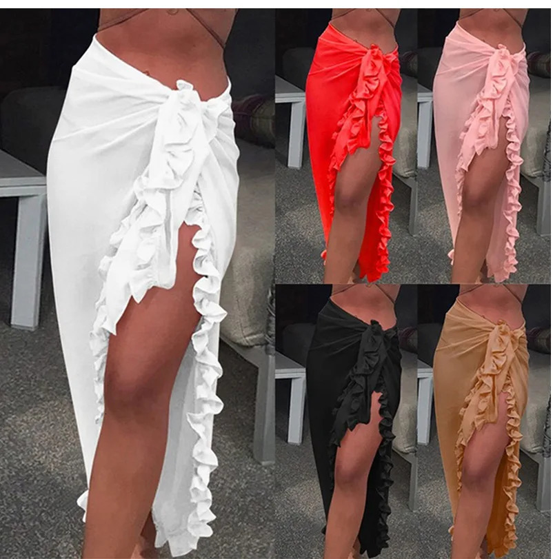 5Color Ruffled Saron Womens Summer Solid Bikini Long Beach Dress Swimming Sunscreen Swimsuit Ups Monokini 250313