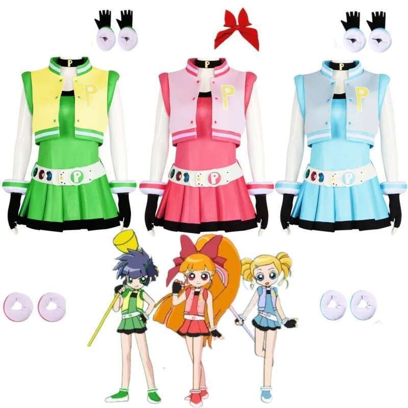 Anime Powerpuff Cosplay Girls full Blossom Buttercup Bubbles Costume With Belt Set Halloween Fancy Dress Cosplay
