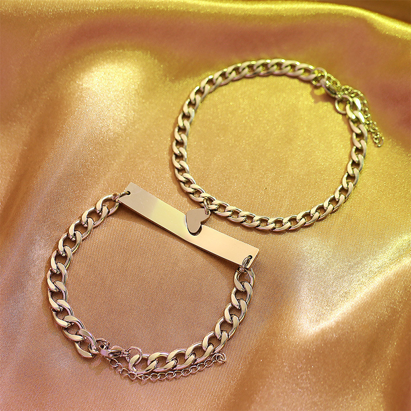 Minimally smooth heart-shaped square piece splicing without fading, handmade couple titanium steel bracelet
