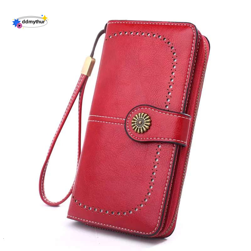 Fashionable new hollow out coin purse for women's oily leather phone bag, long zipper handbag,coin bag Triple fold ladies wallet ddmythur