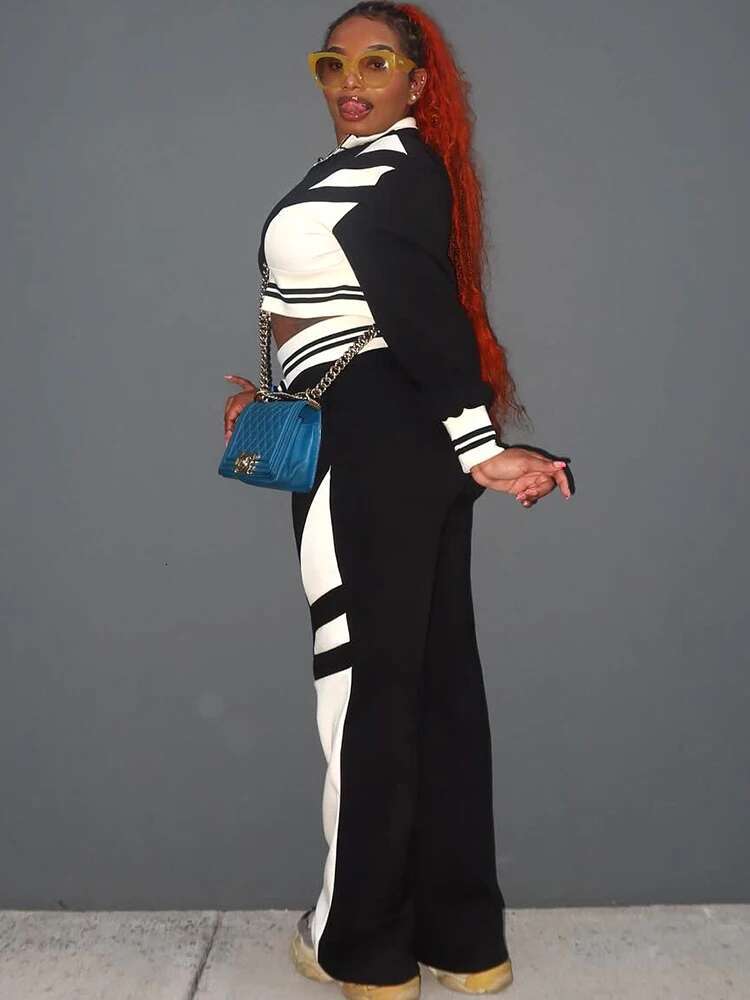 Kliou Striped Casual Women 2 Piece Set Matching Fall Long Sleeve Zip-Up Lapel Tops+Elastic Waist Straight Pants Mujer Tracksuits