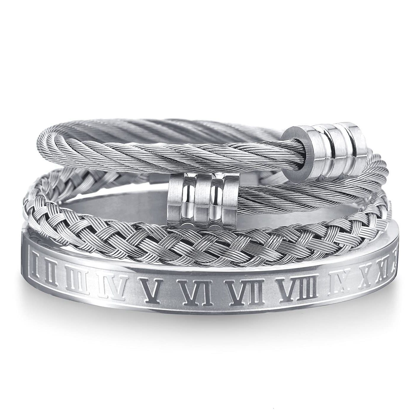 3-piece combination stainless steel woven for men, Roman numeral bracelet, twisted rope adjustable cuff bracelet