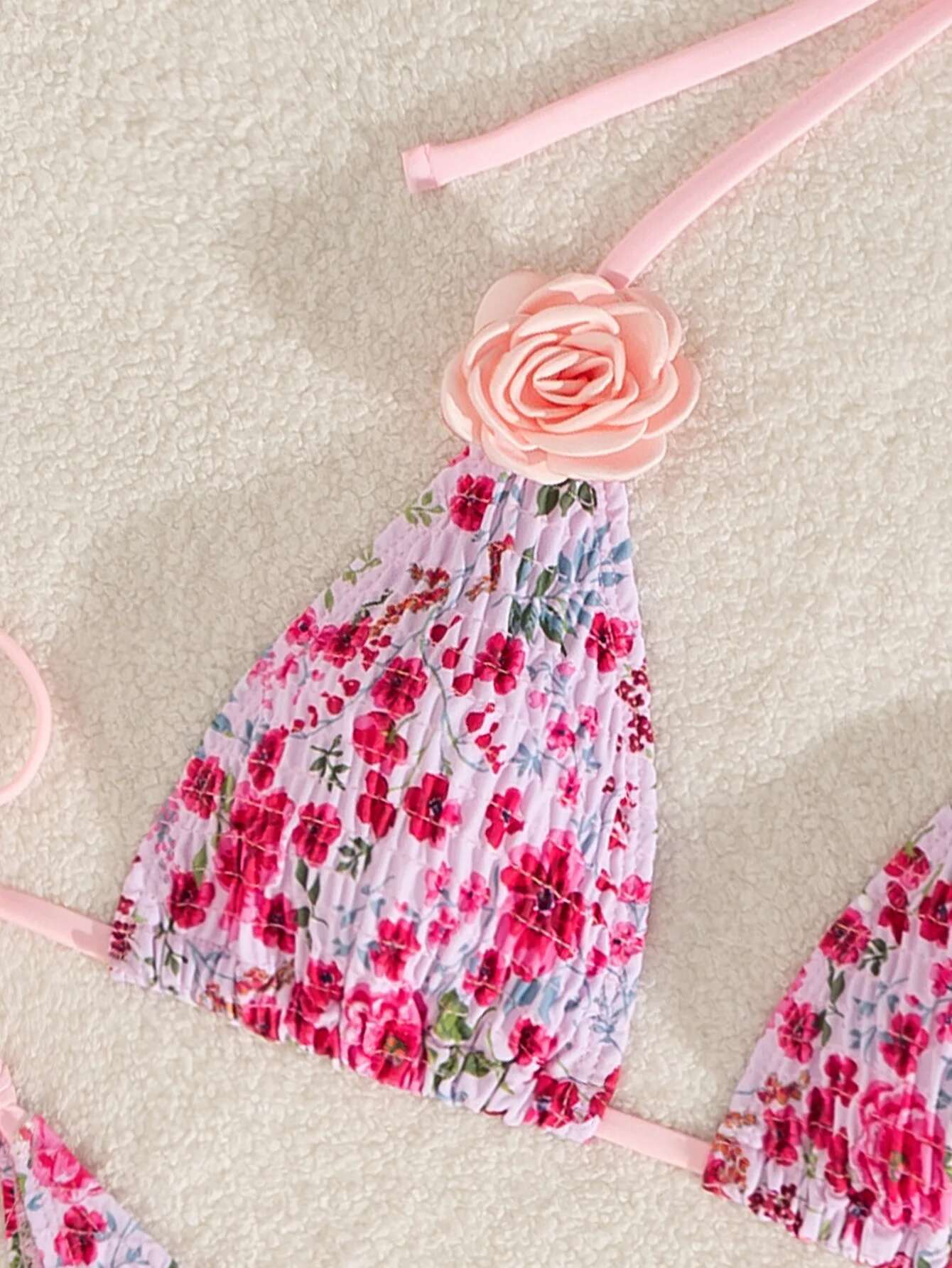 Dongdumaoyi Sexy Pink D Floral Designer Bikini Set Women Pleate Push Up Bra Tie Side Thong Swimsuit Beach Bathing Suit Micro Swimwear