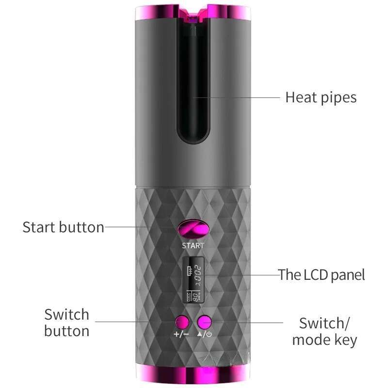 Automatic Wireless Cordless Rotating USB Rechargeable Curg Iron Display Temperature Adjustable Timing Hair Curler