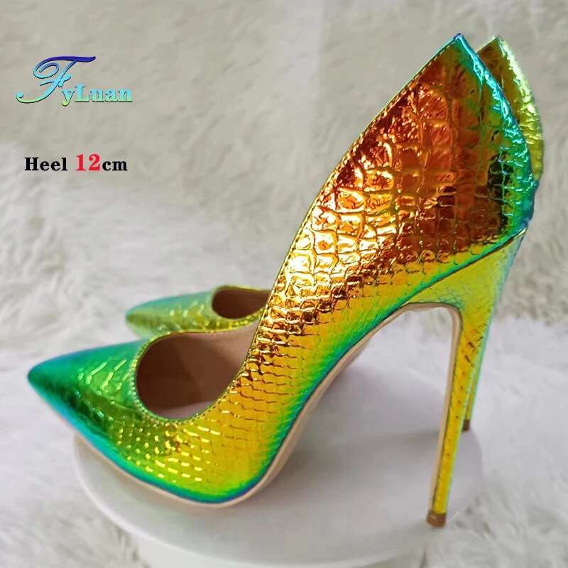Fashion Pointed Women Thin High Heels Summer Snake Patted Single 6-12Cm Holographic Laser Party Shoes Elegant Female Pumps