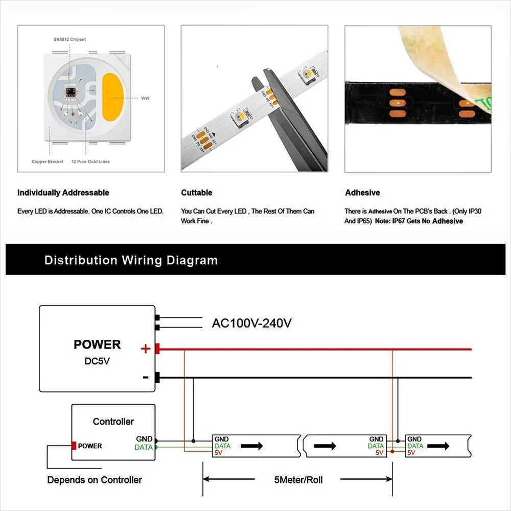 4IN1 Addressable WS2812 SK6812 Pixel LED Strip 5050 RGB RGBW DC5V 12V 30/60/144LEDs Digital LED Pixel Strip White/Black PCB W251107