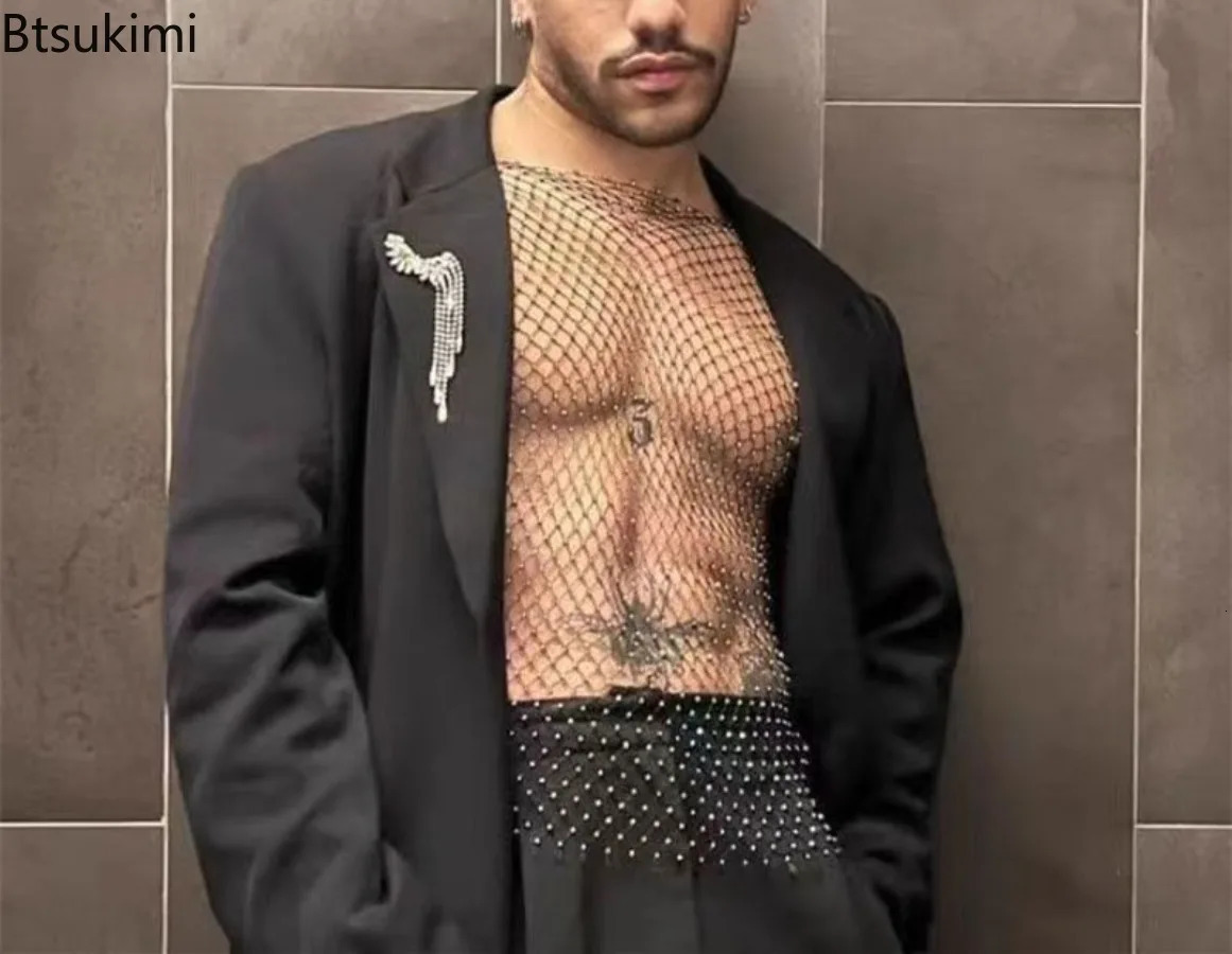 Sexy See Through Mesh T-shirt for Men Sparkling Diamond Fish Net Hollow Fish Tank Top Mens Carnival Party Nightclub Top 250402