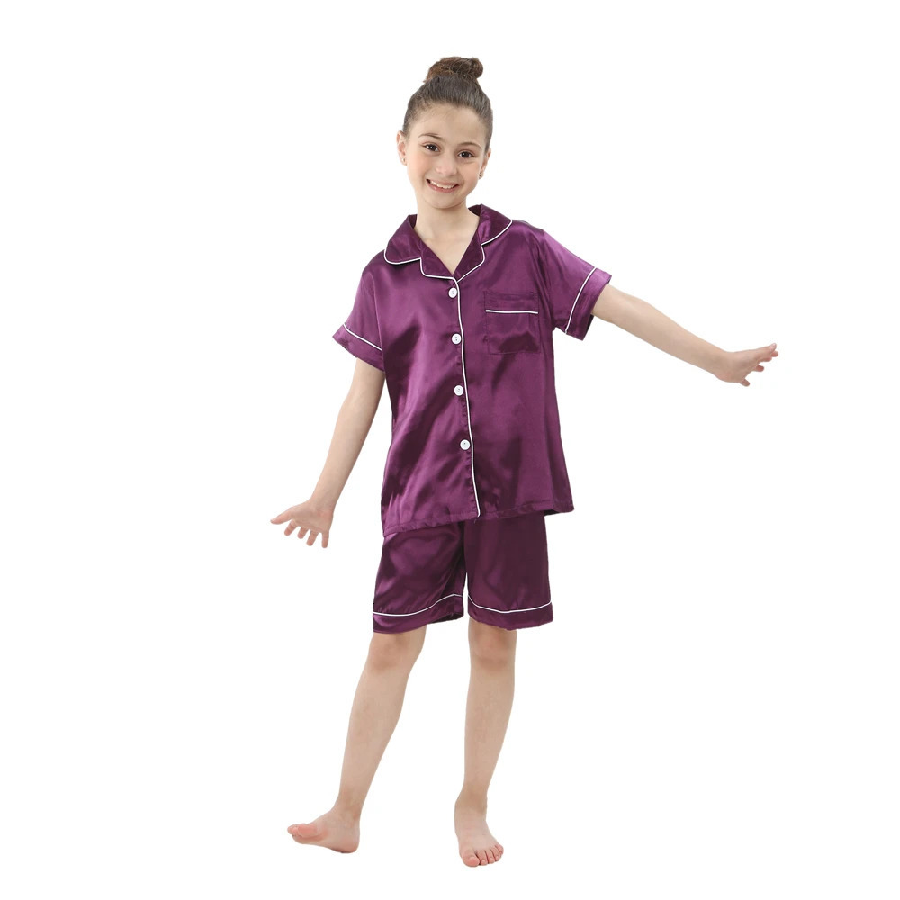Summer Short Sleeve Satin Pajamas Silk Fabric Girls Sleepwear Boys Nightwear Solid Childrens Pajama Sets Pyjamas Boy Baby Wear 250407