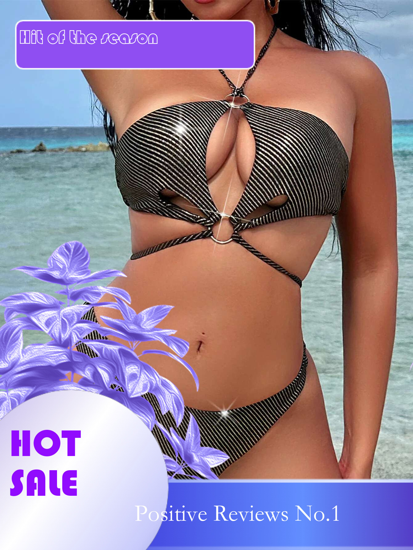 Dongdumaoyi Shiny Black Bikini Set Women Halter Metal Ring Hollow Out Bandage Cross Push Up Micro Swimwear Beach Bathing Suit Swimsuit