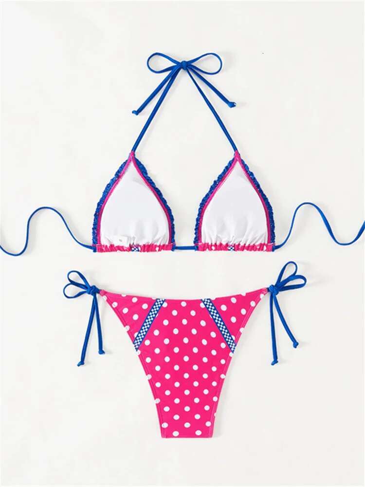 Dongdumaoyi Sexy Pink Dot Print Bikini Set Women Cute Ruffles Push Up Bra Tie Side Thong Swimsuit Beach Bathing Suit Micro Swimwear