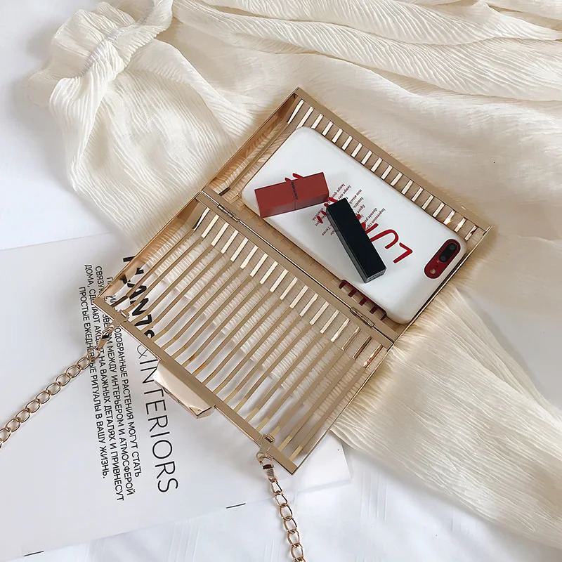 Unique metal hollow fashionable womens evening clutch bag womens chain shoulder bag cross body messenger party bag frame 250402