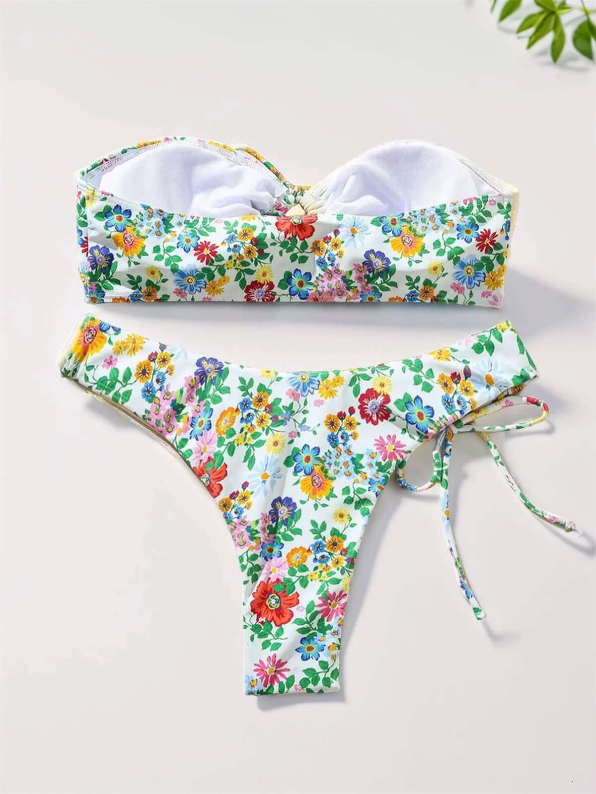 Dongdumaoyi Sexy Bandeau Bikini Green Floral Print Patchwork Bandage Cross Push Up Micro Swimsuit Beach Bathing Suit Thong Swimwear