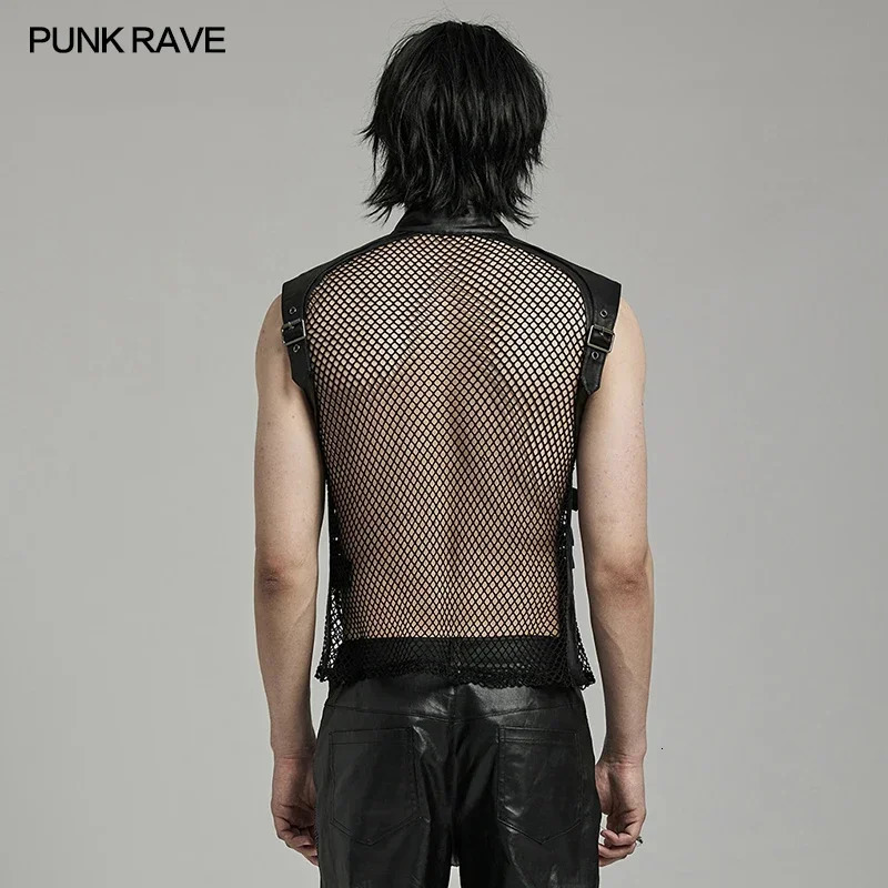 PUNK RAVE Mens Punk Personalized Mesh Handsome Hollow Tank Top Daily Unlimited Sexy Cool Black Top Mens Summer Clothing 250403