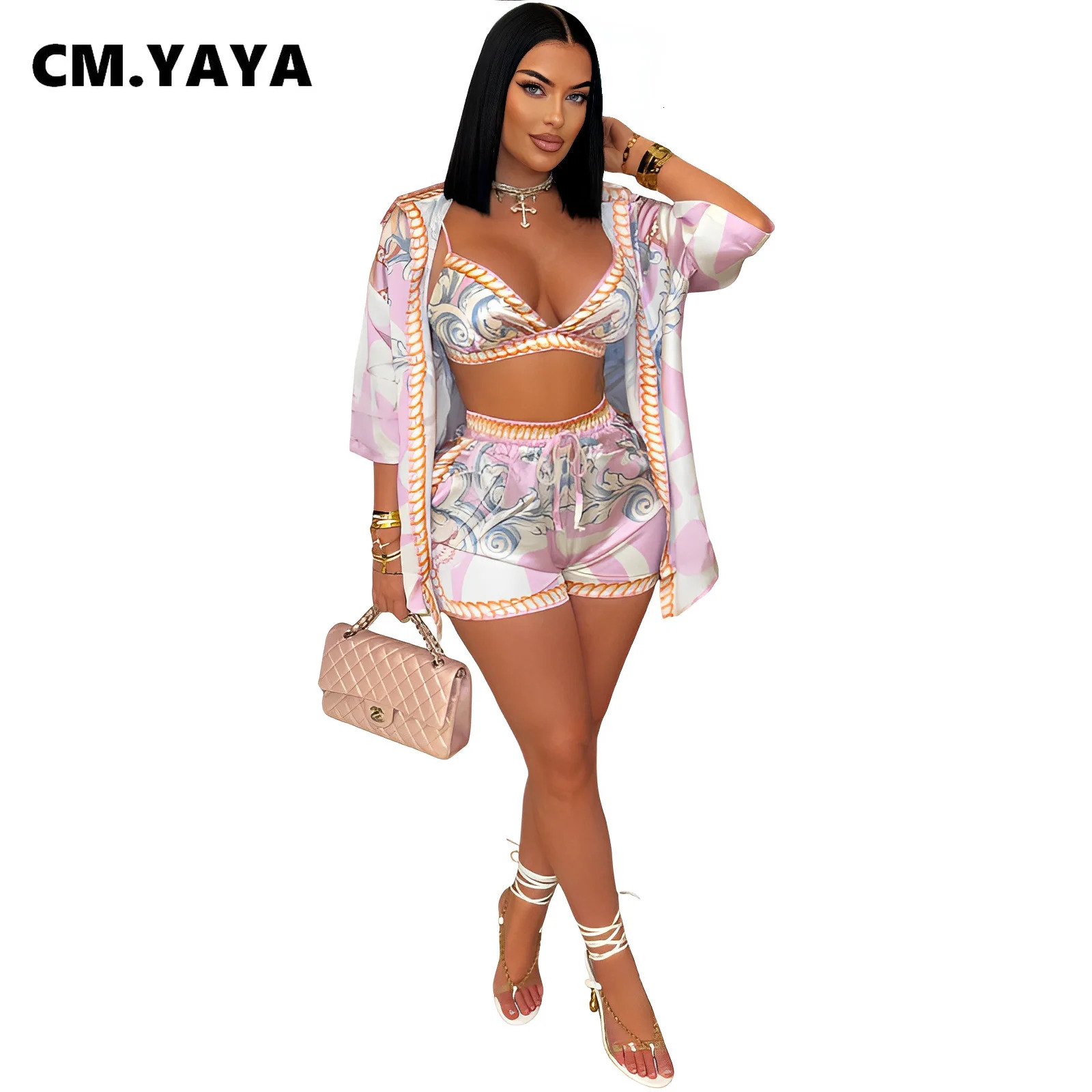 CM.YAYA Paisley Printed Womens Set Three Quarter Sleeve Blouse Bra Top and Shorts Beach 3- Piece Sets Outfit Tracksuits 250407