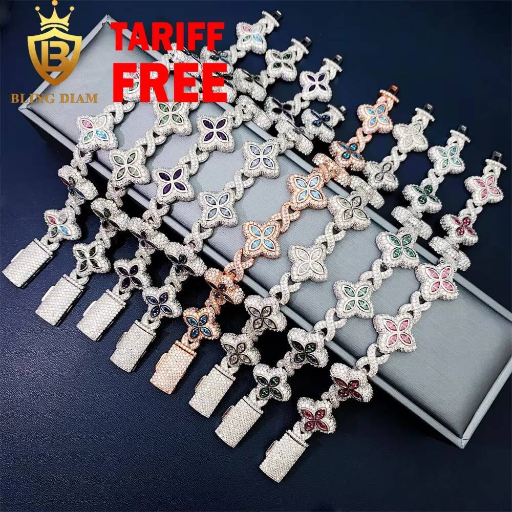 19mm Multiple Options Marquise Cut Flower New Design Colorful 925 Sliver Moissanite Clover Iced Out Bracelet