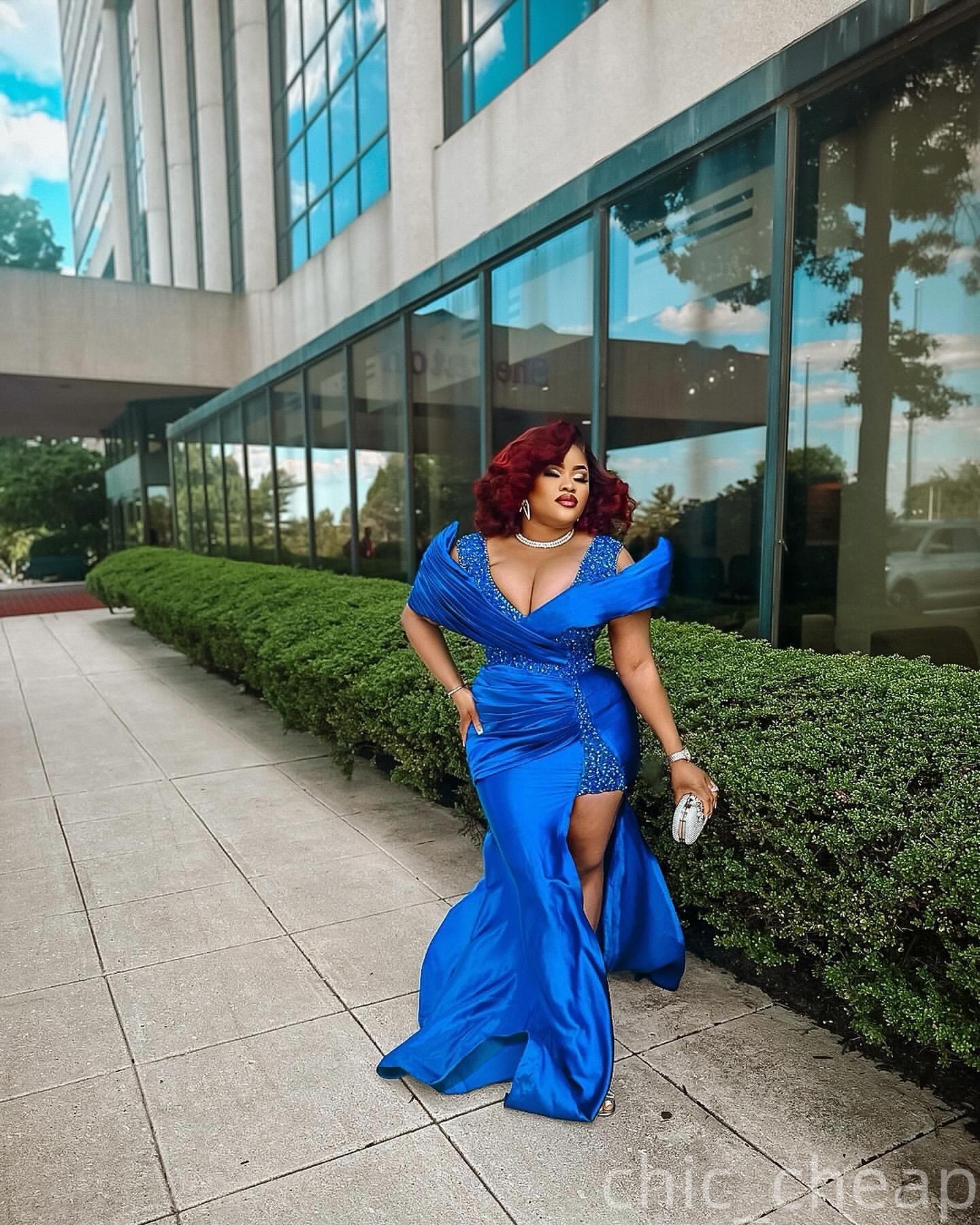 Aso Ebi Royal Blue Mermaid Prom Dresses 2026 Deep V-neck High Split Evening Formal Party Second Birthday Engagement Gowns Plus Size Dress For Special 