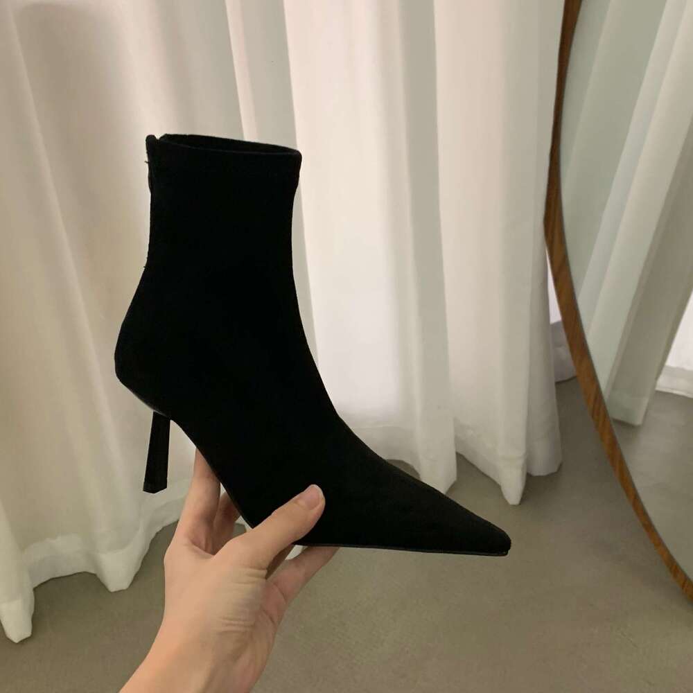 High Free shipping Heel Pointed Toe Elegant Suede Slim Short For Women 2023 New Autumn Winter Fleece-Lined Korean Style Ankle Boots