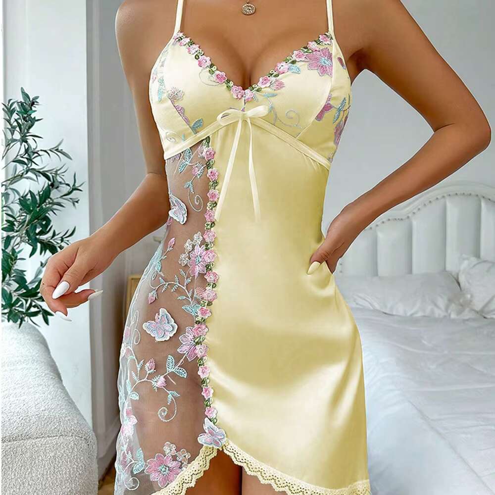 Women's Transparent Lace Embroidery Pamas Mosaic Nightgown Thong Sexy Strap Seductive Short Spandex Night Dress