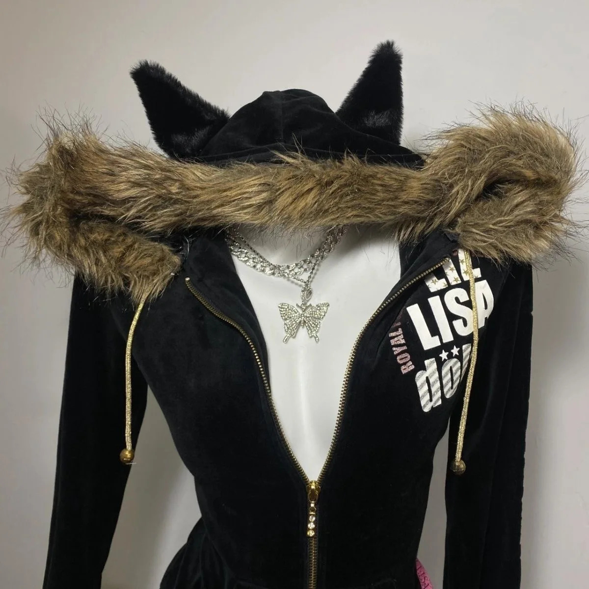Winter y2k retro letter printing spice with fluffy collar cat earmuffs zipper hoodie cardigan coat top emo girl 250403