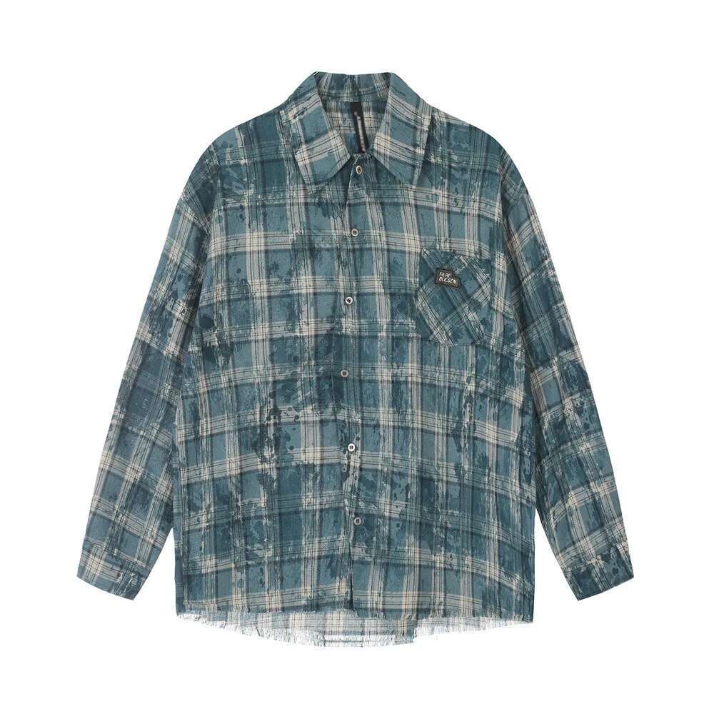 Raw Edge Plaid Mens Splash Ink Autumn High Street Lapel Pocket Single Breasted Long Sleeve Shirts Men