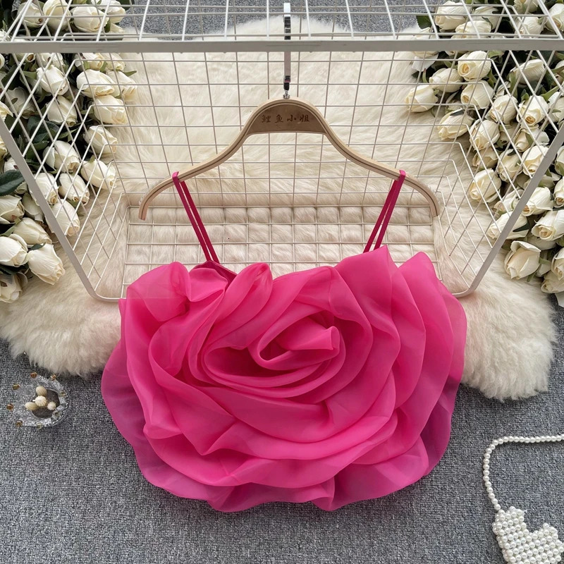 Niche Vacation Style Organza 3D floral Camisol vest womens summer fashionable casual short top 250407