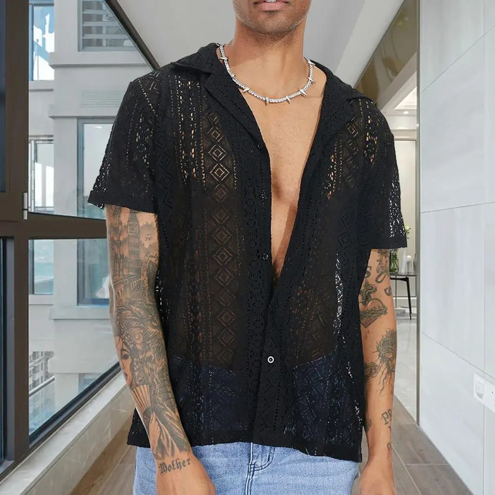 Summer Men Shirt Solid Color Hollow Out Lapel Short Sleeves Single-breasted Men Top Loose Mid-length Lace Male T-shirt 250407