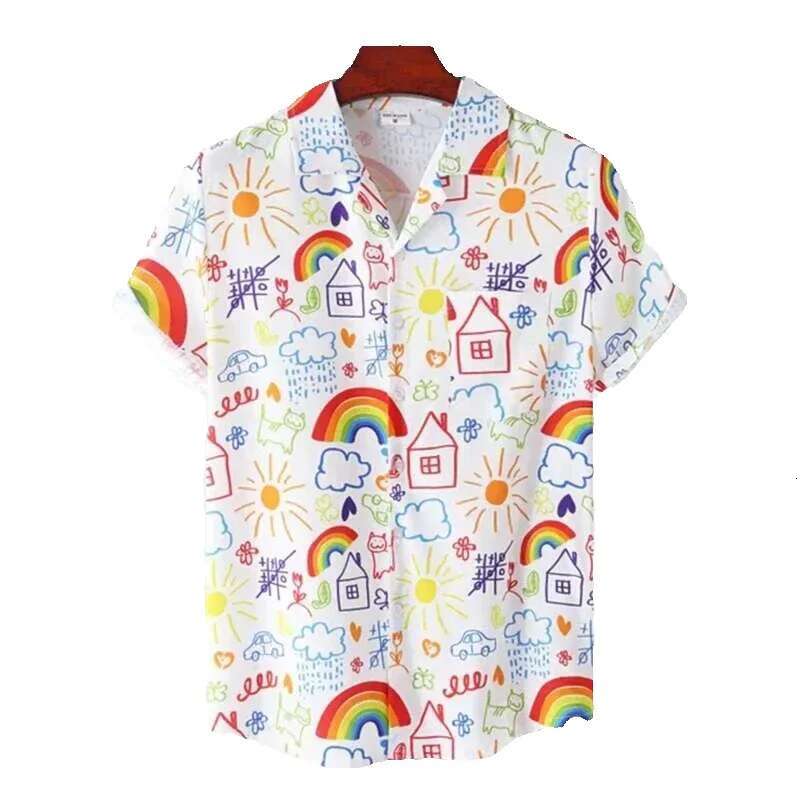 Summer rainbow professional collar oversized Camisa Hawaiian 3D printed fashionable men's and women's Haruku short sleeved shirt