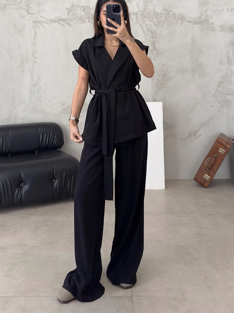 Fashion casual pants twopiece set with springs womens sleeveless lace top cardiganhigh waisted loose wide leg summer solid color 250407