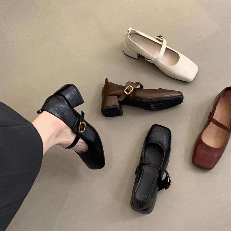 French Retro Square Toe Shallow Mouth Single For Women, Mid Heel, Spring And Autumn Evening Breeze, Free shipping Elegant Fairy Style, Chunky Heel Mar