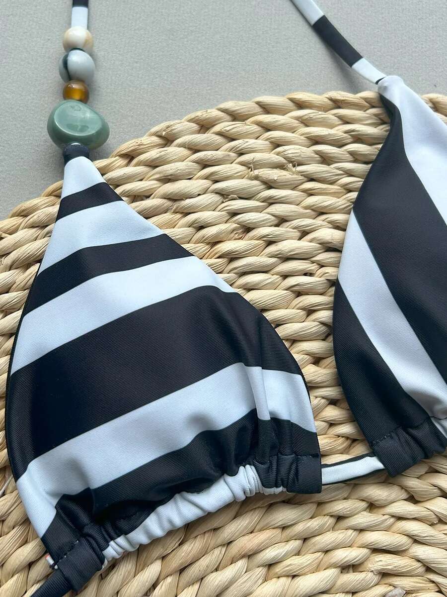Dongdumaoyi Sexy Black White Striped Micro Bikini Women Bead String Strap Push Up Pleate Thong Swimsuit Bathing Suit Holiday Swimwear