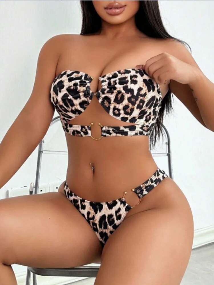 Dongdumaoyi Sexy Bandeau Bikini Set Women Metal Ring Brown Leopard Print Push Up Thong Swimsuit Summer Bathing Suit Holiday Swimwear