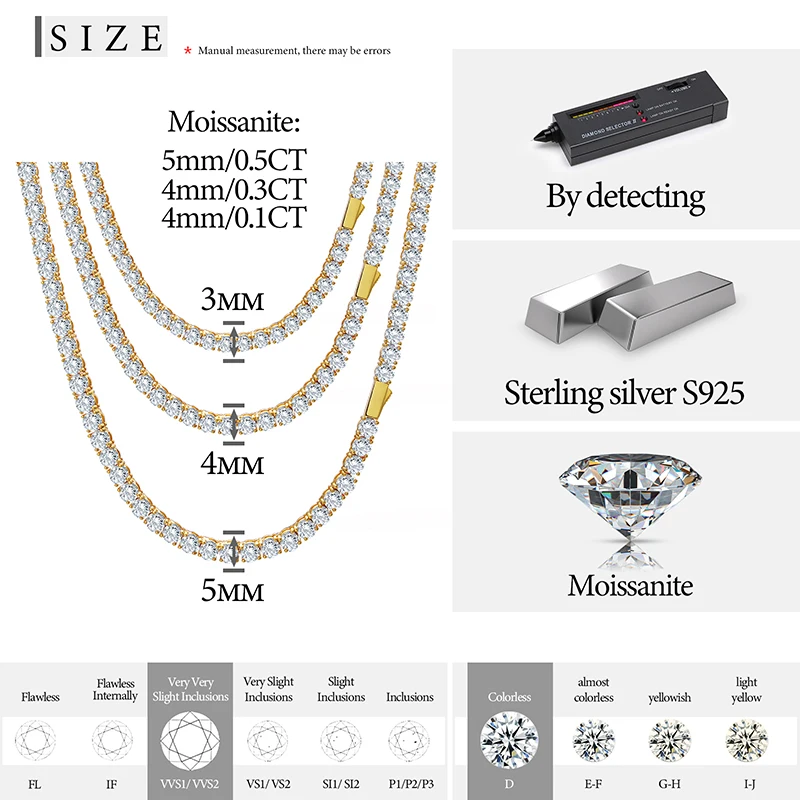 High-Quality VVS1 Iced Out Moissanite Tennis Necklace S925 Sterling Silver Diamond Necklaces For Men Women Pass Diamonds Test