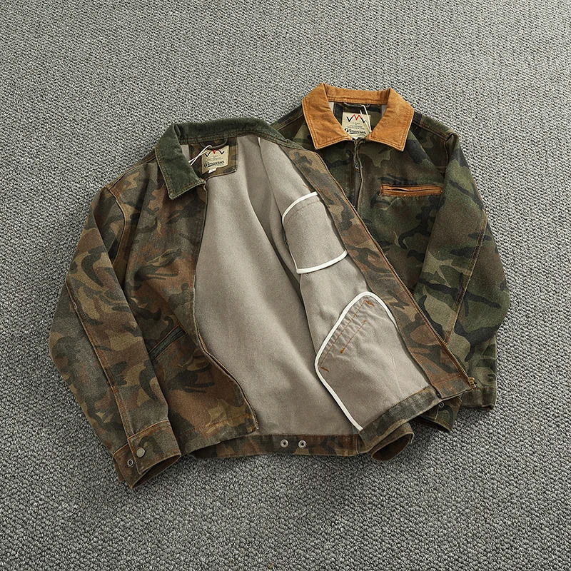 Mens Spring Casual Camouflage Jacket Retro Detroit Color Comparison Splicing Work Collar Heavy Cargo Jacket 250403