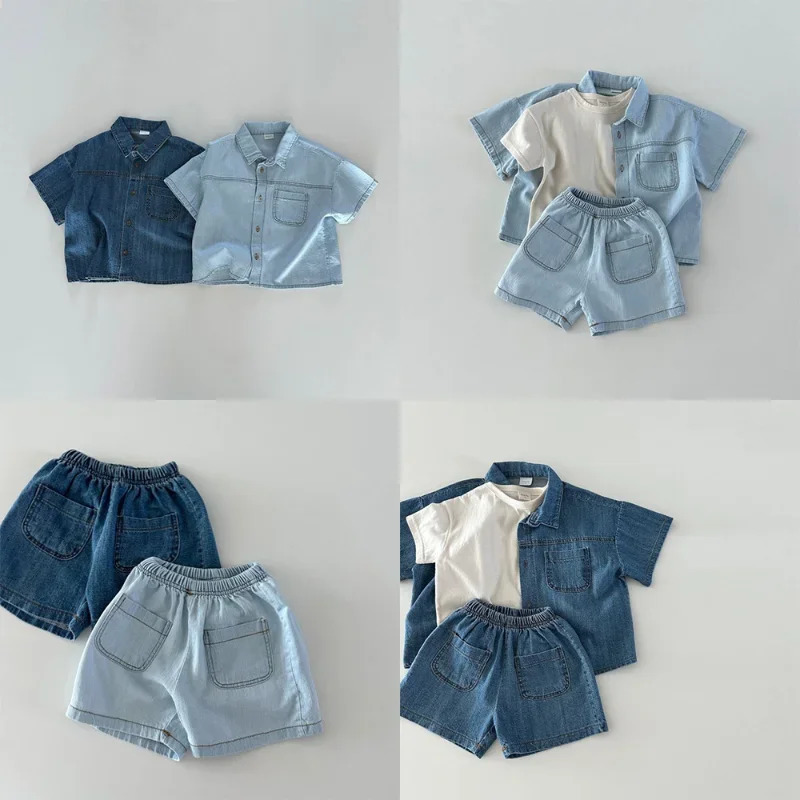 6856-1 Korean Children Clothing Set Summer Boys Denim Suit Short-sleeved Shirt Shorts Casual Girls Two Piece Suit 250407