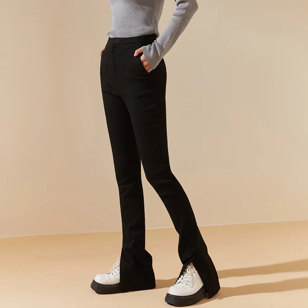 OhSunny Womens Flare Pants Tight High Waist Thick Sexy Horseshoe Black Elastic Ultra Thin Winter Casual Split Trouser 250407