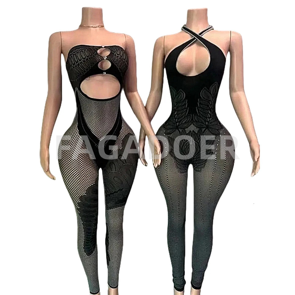 FAGADOER Sexy Thickened Lace Hollow Out Halter Bodycon Jumpsuits Women Sleeveless Backless Slim Playsuits Female Overalls 250407