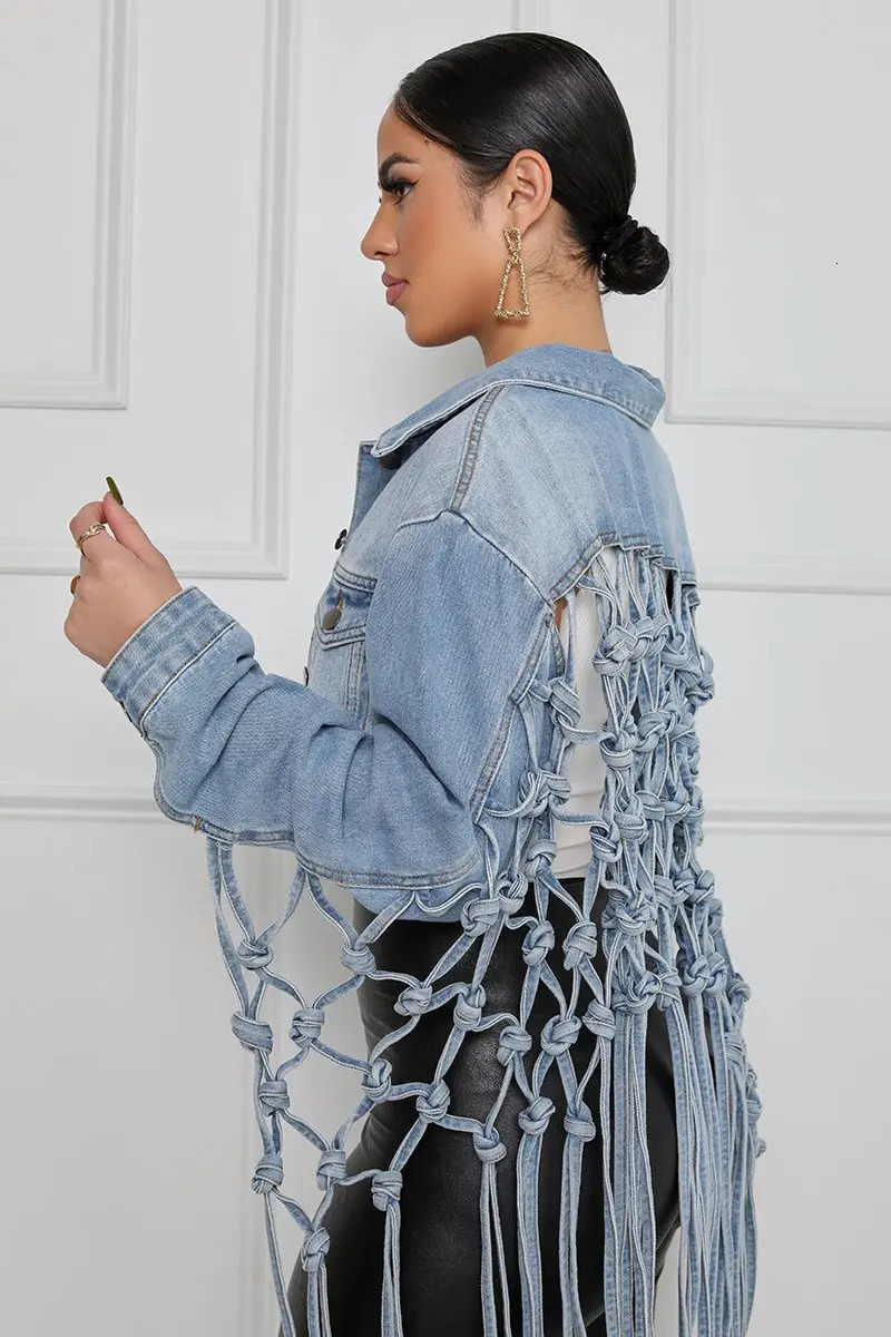 Womens Spring Jacket Denim Trimmed Mesh Tassel Sexy n Retro Coat Oversized Y2K Short Jeans 250407