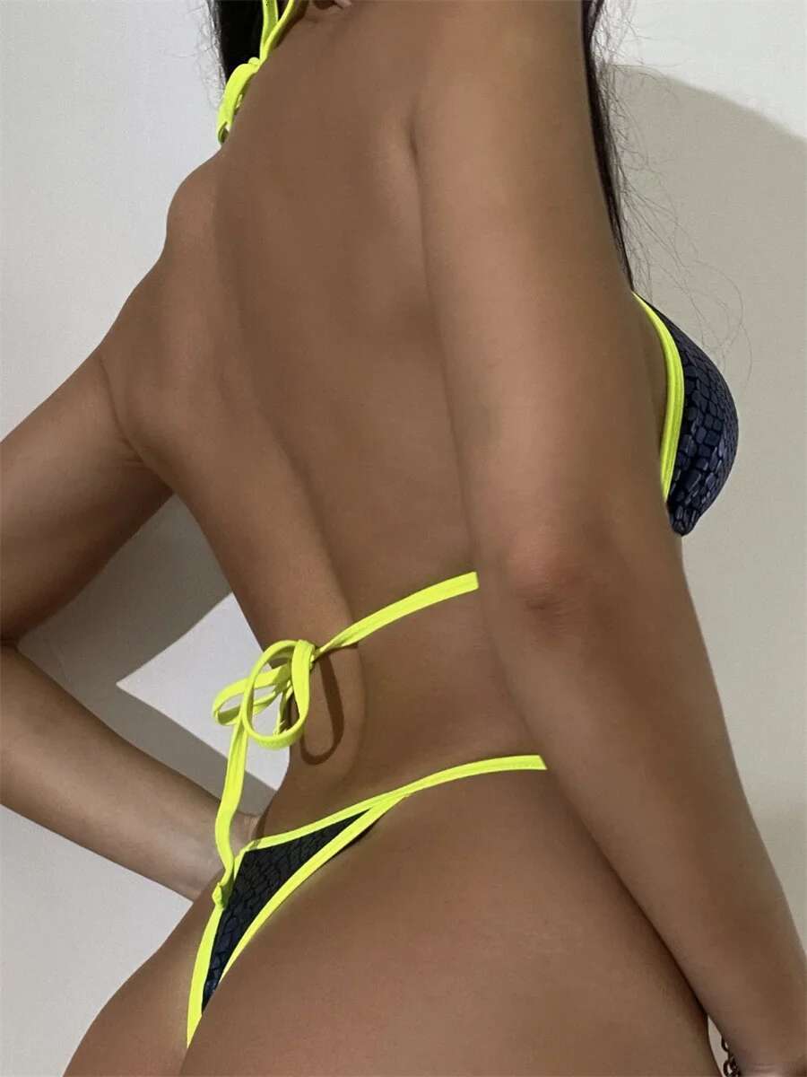 Dongdumaoyi Sexy Black Snakeskin Print Bikinis Sets Women Neon Strap Contrast Push Up Micro Swimsuit Bathing Suit Pearl Thong Swimwear