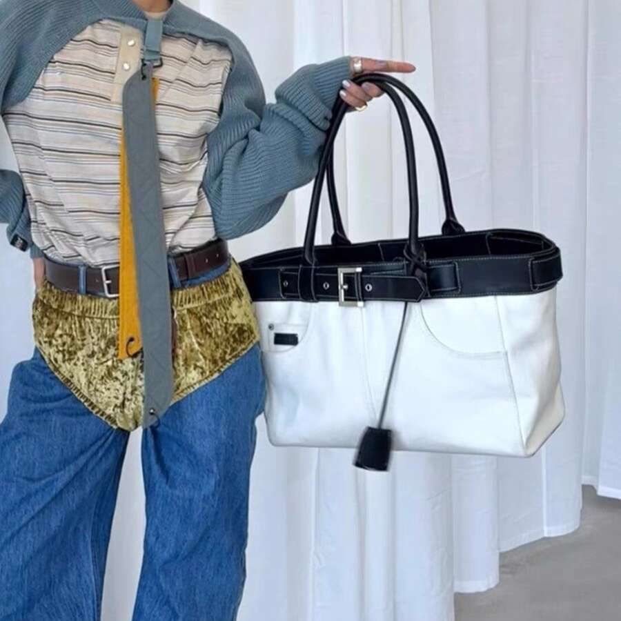 Large Capacity Fashion French tote Belt Buckle Sewing Versatile Handbag Women's Commuter Work Shopping Bag