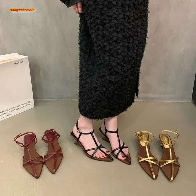 Women Fashion Pointed Open Toe Ankle Strap Dress Shoes Solid Color Summer Ladies Thin Low Heels Sandals ddmykukumalu