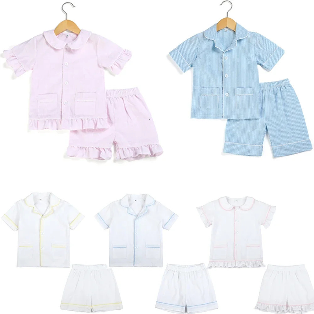 Ruffkids 100% Cotton Summer Kids Pajamas Sleepwear Seersucker Striped Matching Pjs Boys Clothes Loungewear Girls Pyjamas Set 250407