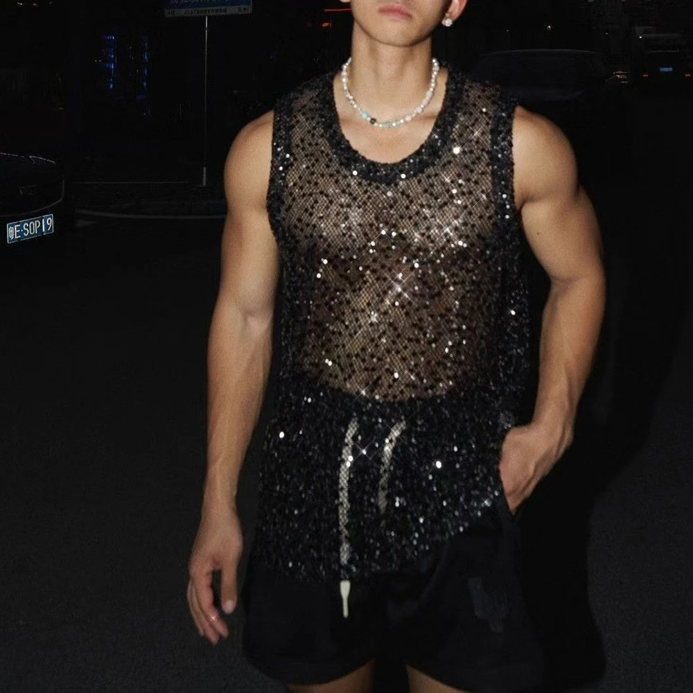 Mens vest mesh sequins sexy nightclub tank top summer fashion hollow stage performance sleeveless top mens clothing style 250402