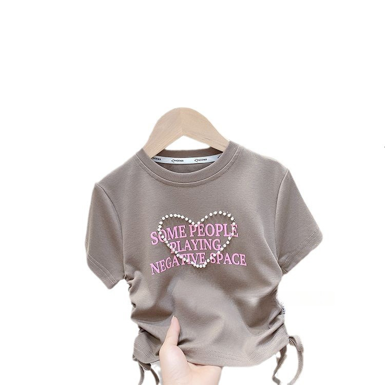 Ddmyshoesvip Korean Version Clothing Girls Summer Fashion Minimalist Letter T Shirt Children S Ice Silk Drawstring Short Sleeved Top
