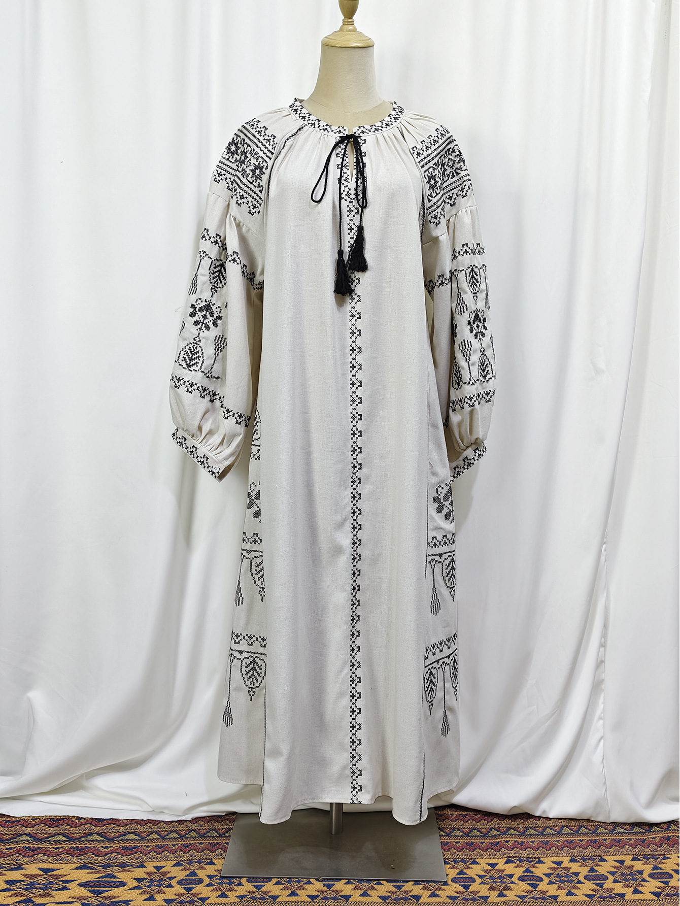 M Malay Indonesian Muslim Women S Heavy Duty Embroidered Lantern Sleeve Cotton Hemp Dress