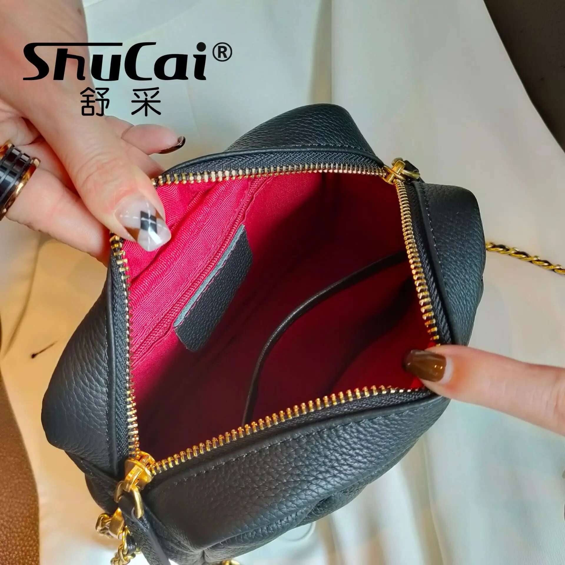 SHUCAI First Layer Cowhide Women's Rhombus Fashion Popular Chain Soft Shoulder Messenger Bag Casual Tide New
