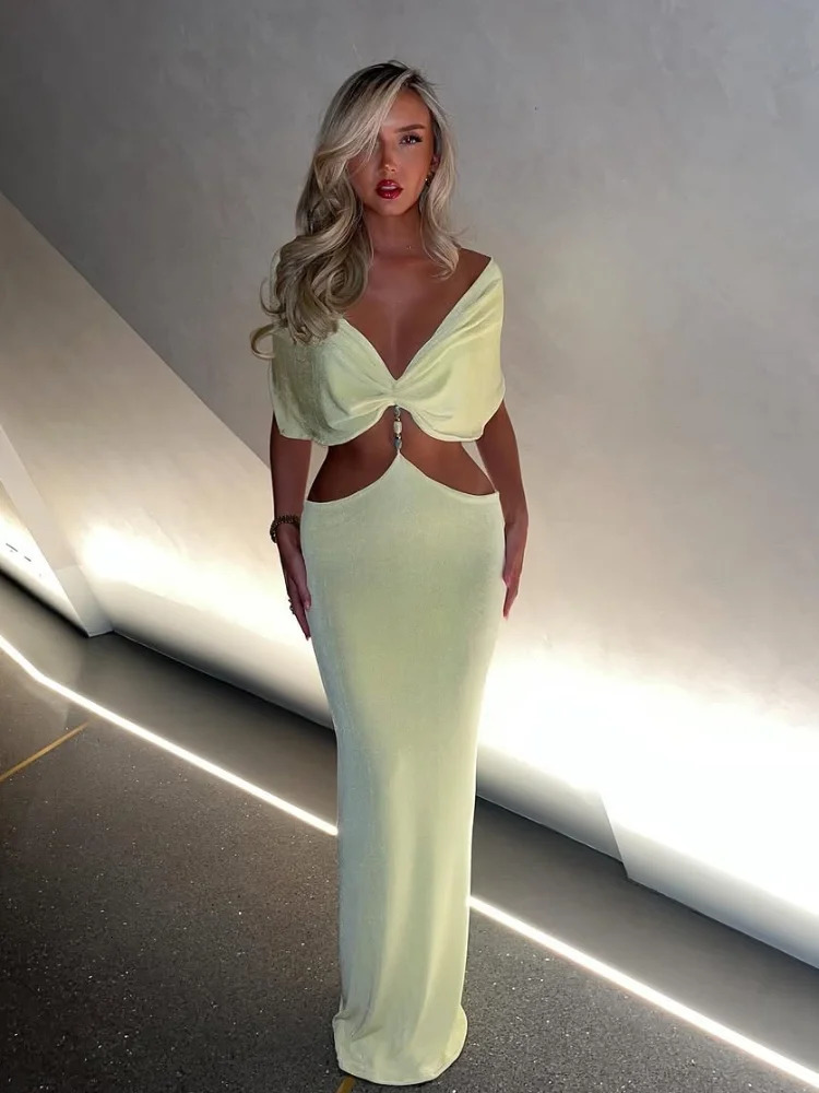 Elegant V Neck Pleating Yellow Maxi Dress For Women Fashion Cut Out Slim Fit High Waist Robes Summer Holiday Beach Dresses 250407