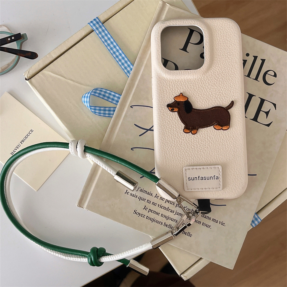 INS Embroidered Two-tone Lanyard Phone Case Compatible with iPhone 17/16/15 Niche Leather Case iPhone 14/13 Pro