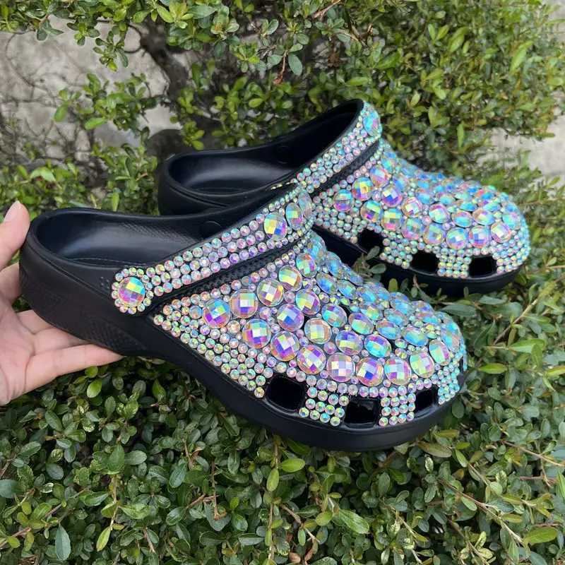 New Arrival EVA new single hole shoes womens summer womens slippers handmade diamond sandals shiny large diamond black slippers size 36-45 T250407